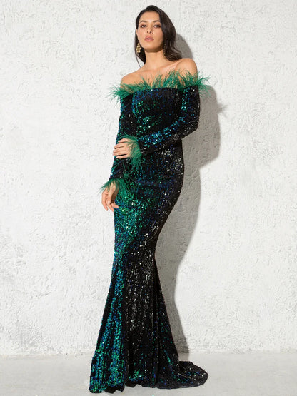 Burgundy Shiny Sequin Feather Velvet Party Dress Long Sleeve Bodycon Stretchy Slash Neck Floor Length Mermaid Dress Black Green