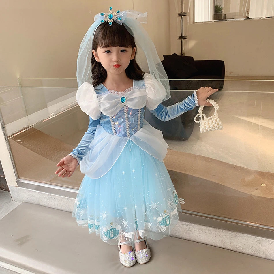 Girl Cinderella Princess Dress Halloween Christmas Ball Gown Girls Carnival Kid Cosplay Costume with Gloves for Birthday Party