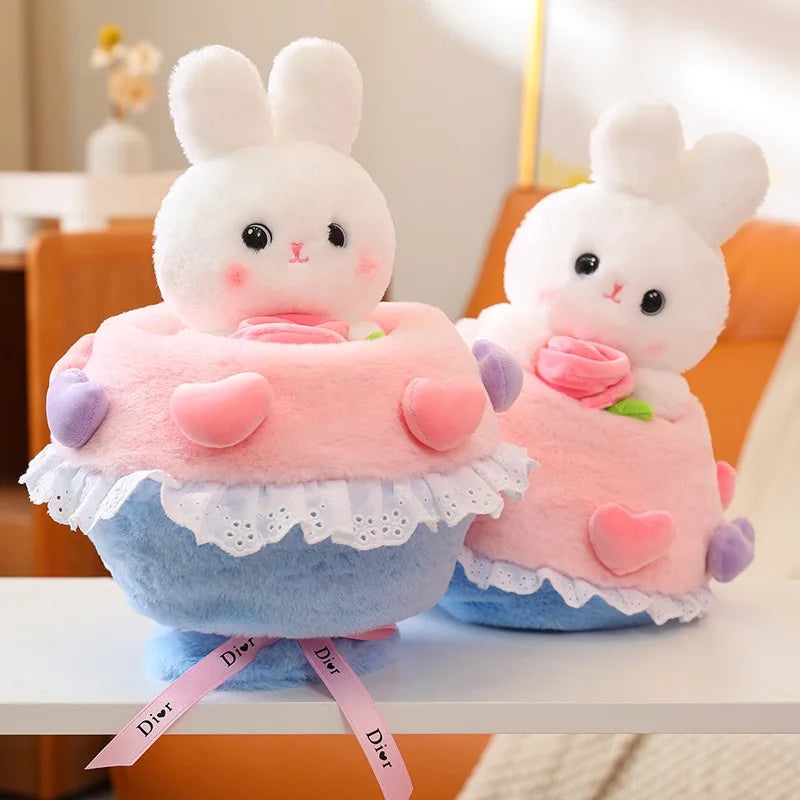 30cm Creative Funny Doll Heart Rabbit Plush Toy Stuffed Soft Princess Bunny Transformed into Bouquet Sweet Gift for Kids Girls