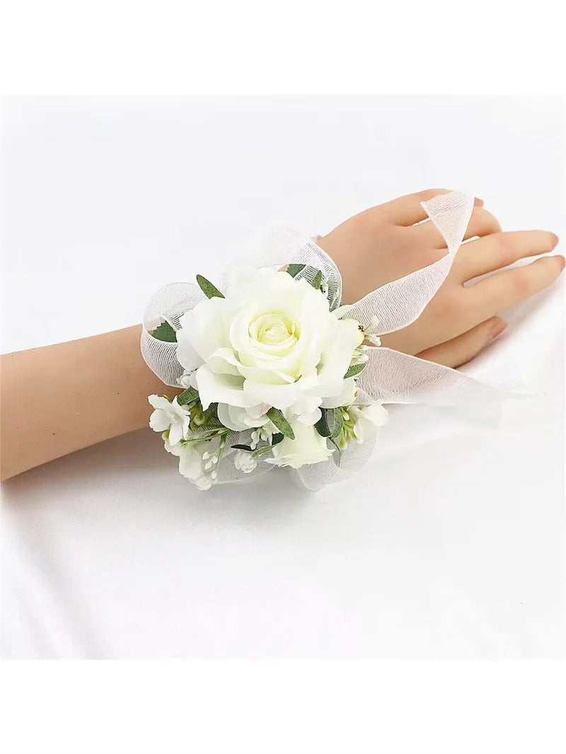 Bridesmaids Rose Ribbon Bracelet Flowers Wedding Wrist Corsage   Babysbreath Berry Boutonniere Mariage Groom Party Prom Supplies