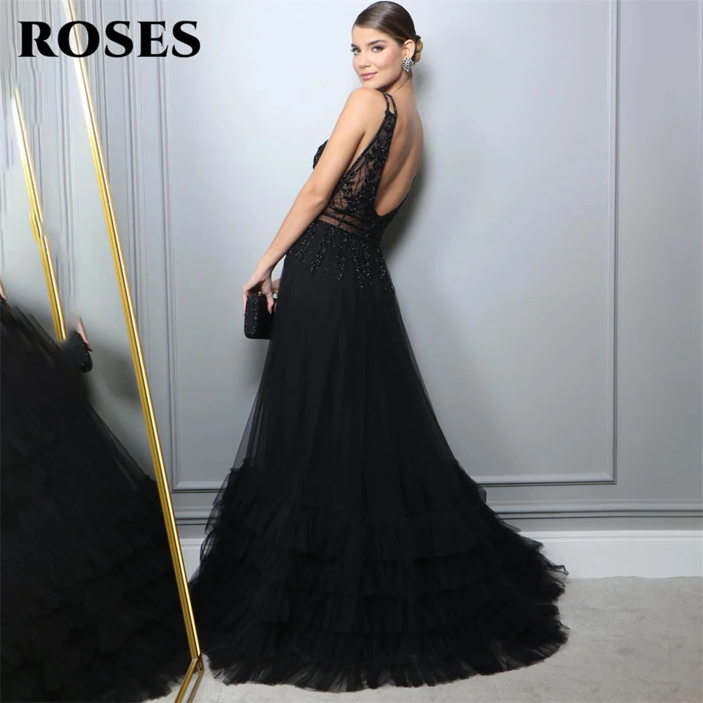 ROSES A Line Tank Evening Dresses Net Beading Sequin Charming Prom Dress Embroidery Party Dresses Custom Size vestidos de noche