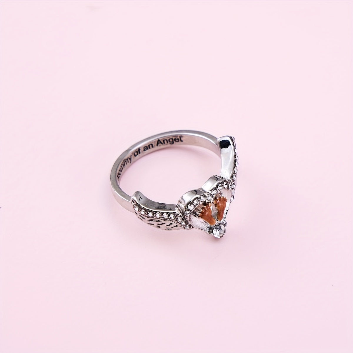 Mommy Of An Angel Heart & Footprints Wings Gemstone Ring, Elegant & Cute Style, Mother's Day Jewelry Gift For Moms