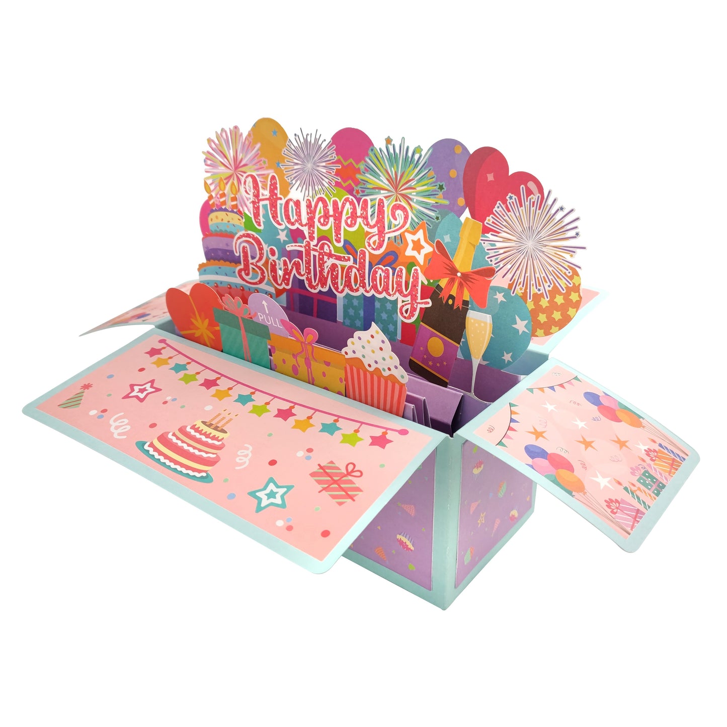 Pop-Up Money Pulling Birthday Greeting Card, Camouflage Pattern with Flowers, Fairy Tale, Balloon Theme, Personalized & Laser Cut Features, Suitable for Anyone's Birthday Celebration - Pink "Happy Birthday" Design