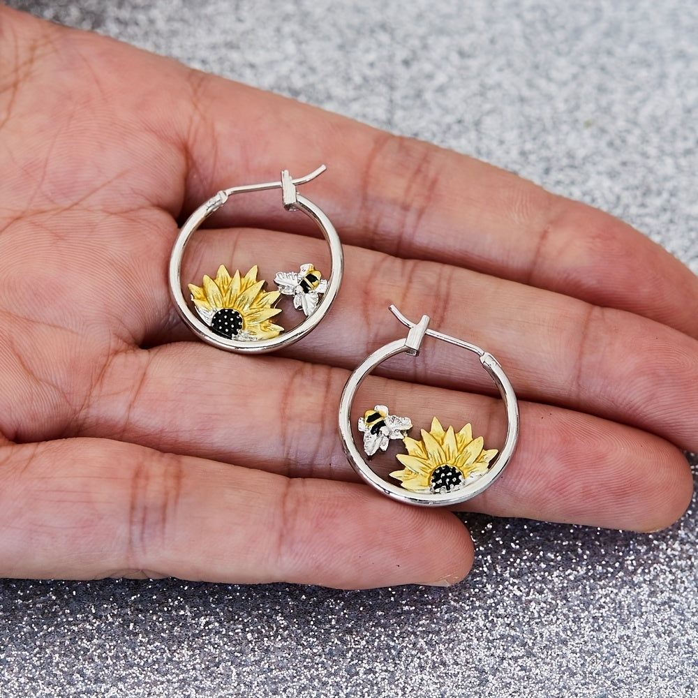 Exquisite Sunflower & Bee Decor Hoop Earrings Retro Bohemian Style Alloy Jewelry Adorable Gift For Women Casual Dating Decor