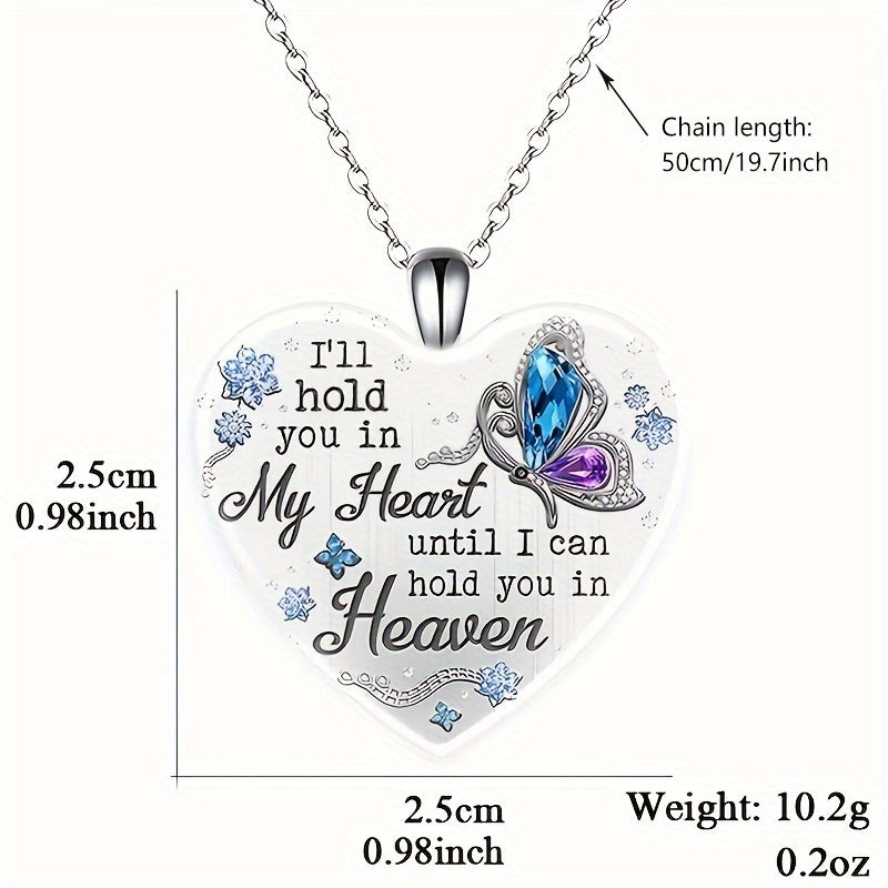 Memorial Necklace Colorful Butterfly & Letter Detail Heart-shaped Pendant Necklace, I'll Hold You In My Heart