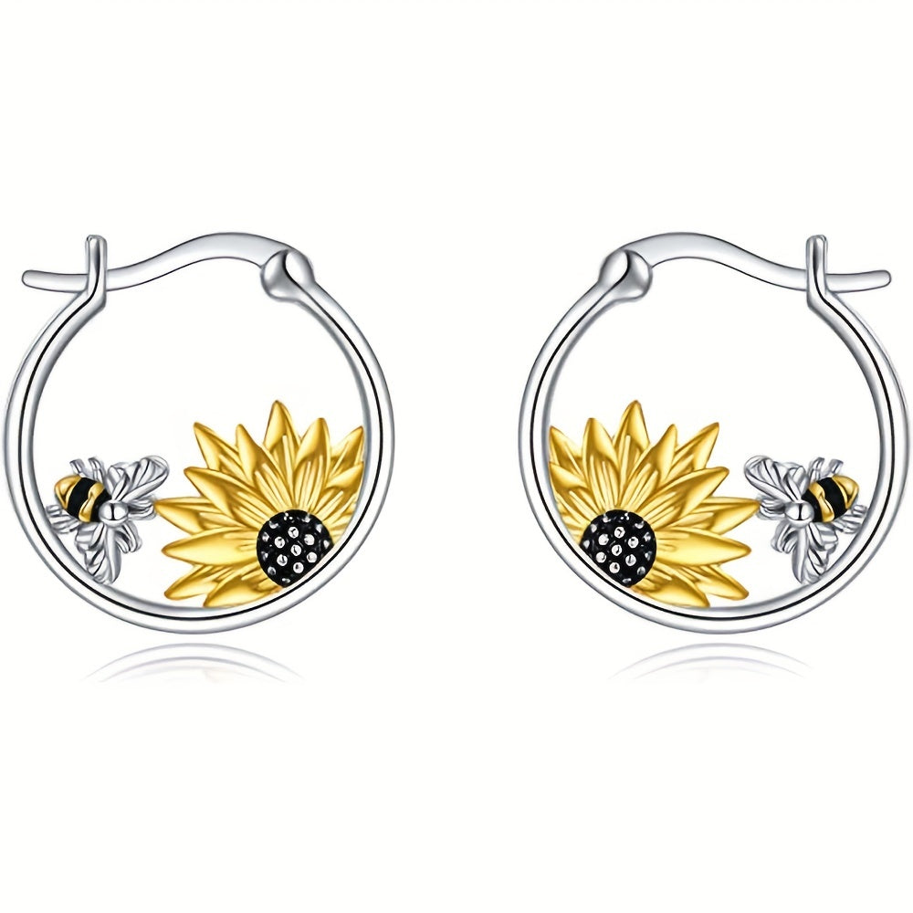 Exquisite Sunflower & Bee Decor Hoop Earrings Retro Bohemian Style Alloy Jewelry Adorable Gift For Women Casual Dating Decor