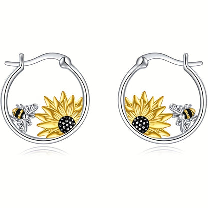 Exquisite Sunflower & Bee Decor Hoop Earrings Retro Bohemian Style Alloy Jewelry Adorable Gift For Women Casual Dating Decor