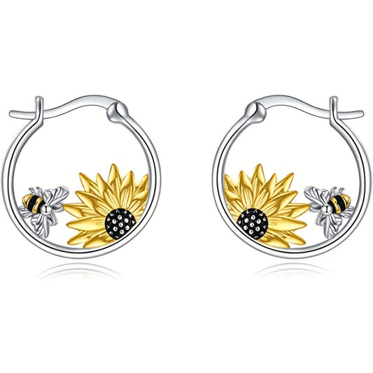 Exquisite Sunflower & Bee Decor Hoop Earrings Retro Bohemian Style Alloy Jewelry Adorable Gift For Women Casual Dating Decor