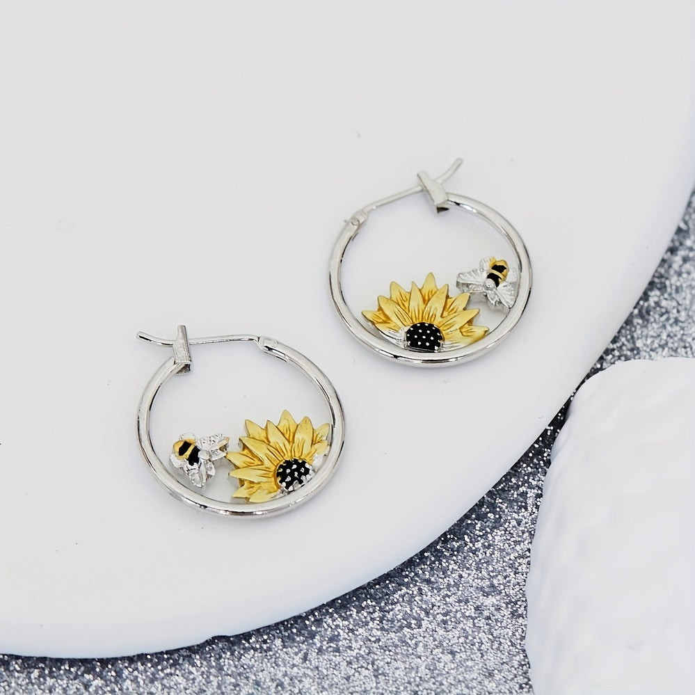 Exquisite Sunflower & Bee Decor Hoop Earrings Retro Bohemian Style Alloy Jewelry Adorable Gift For Women Casual Dating Decor